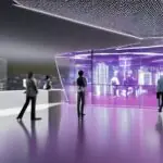 A bustling modern customer support center with holographic AI avatars interacting with diverse customers, bright LED displays showing real‑time sentiment analysis, a sleek glass wall with a panoramic city skyline, soft cinematic lighting highlight…