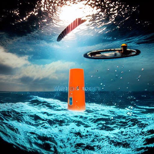 A cinematic view of a tidal energy farm off a rugged coastline, where sleek, submerged turbines rotate beneath crystal‑clear water. The foreground shows a diver in a bright orange wetsuit inspecting a turbine blade, while a small boat drifts nearb…
