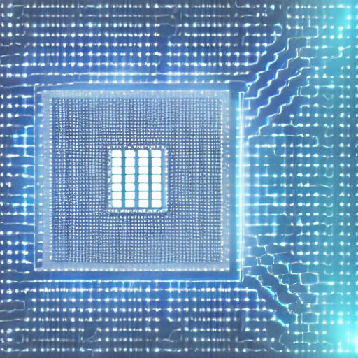 a close‑up of a quantum processor chip, its silicon substrate etched with intricate superconducting qubit circuits, each qubit depicted as a tiny glowing blue dot surrounded by a faint halo of interference patterns, the chip's surface illuminated …