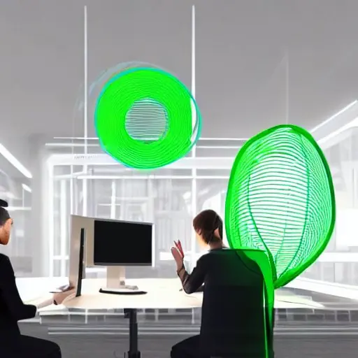 A collaborative workspace where a human project manager and an AI co‑creator sit side‑by‑side at a glass table. The AI, visualized as a semi‑transparent, floating cube with pulsating neon green lines, displays a dynamic mind‑map of project tasks a…