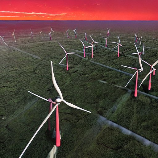 A dramatic dusk scene over a coastal wind turbine farm, where towering turbines spin gracefully against a crimson sky. The blades cast long, elegant shadows across the wet grass, and a small fishing village lies in the distance, its lights flicker…