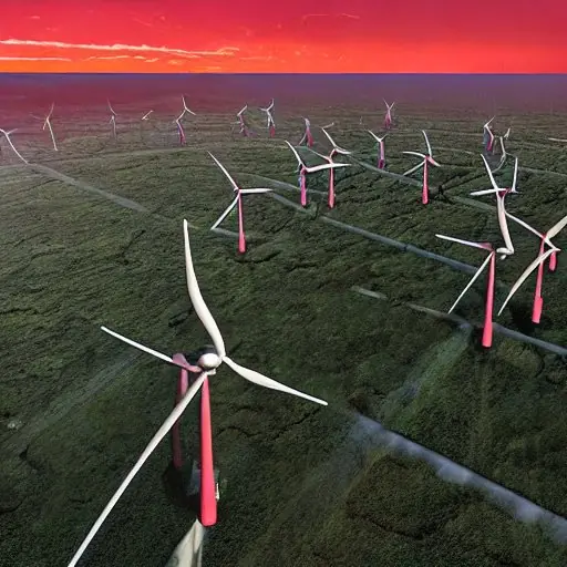 A dramatic dusk scene over a coastal wind turbine farm, where towering turbines spin gracefully against a crimson sky. The blades cast long, elegant shadows across the wet grass, and a small fishing village lies in the distance, its lights flicker…