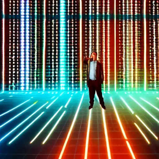 A futuristic data center with rows of servers glowing in teal and amber, a large wall screen displaying real‑time predictive analytics dashboards, a data scientist in a lab coat pointing at a holographic graph, augmented reality overlays