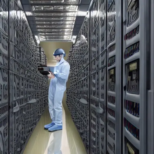 A high‑resolution interior of a state‑of‑the‑art battery storage facility, featuring rows of large lithium‑ion battery modules stacked in a temperature‑controlled chamber. In the foreground, a technician in a reflective helmet checks a digital rea…