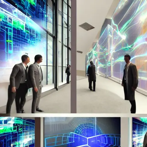 A high‑tech data analytics lab with AI‑driven visualization tools projecting 3D data models onto a transparent screen, a team of data scientists in smart attire analyzing trends, a wall of servers humming softly, cinematic lighting emphasizing the…