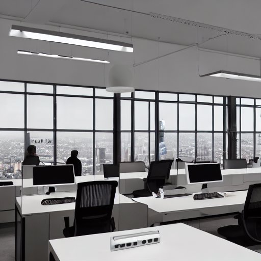 A modern software development office with developers collaborating on AI‑assisted code editors, a large screen displaying real‑time code suggestions, a holographic AI assistant projecting debugging hints, a glass wall overlooking a city skyline, c…