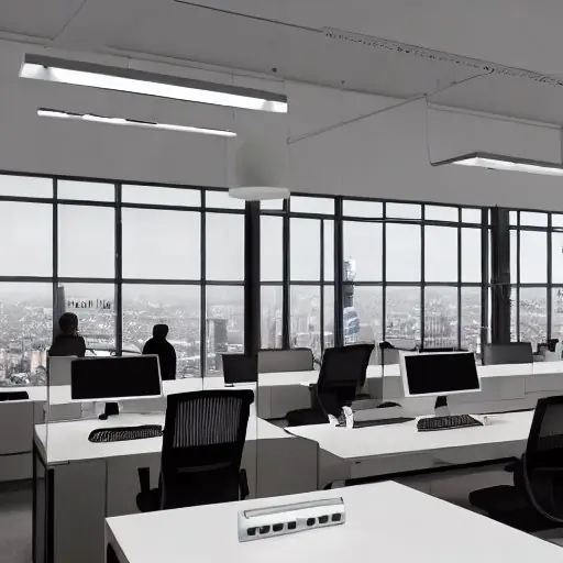 A modern software development office with developers collaborating on AI‑assisted code editors, a large screen displaying real‑time code suggestions, a holographic AI assistant projecting debugging hints, a glass wall overlooking a city skyline, c…