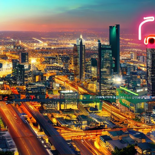 A panoramic view of a smart city at sunset with autonomous drones delivering packages, AI‑powered traffic lights coordinating flow, pedestrians using wearable AI assistants