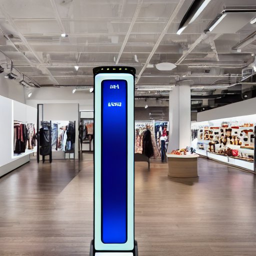 A sleek retail store interior with a digital concierge robot greeting shoppers, a transparent touch screen projecting personalized product recommendations, shoppers wearing smart glasses, ambient warm lighting, high-resolution, cinematic lighting,…