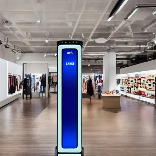 A sleek retail store interior with a digital concierge robot greeting shoppers, a transparent touch screen projecting personalized product recommendations, shoppers wearing smart glasses, ambient warm lighting, high-resolution, cinematic lighting,…