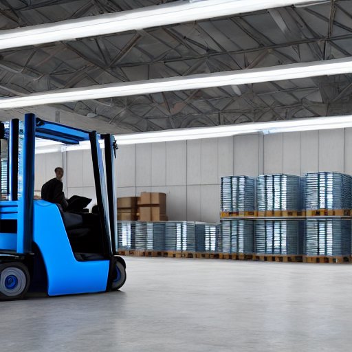 A sprawling warehouse at dawn, illuminated by a mix of natural sunrise light and artificial LED strips. In the foreground, an autonomous robotic forklift—sleek, silver chassis with a glowing blue navigation panel—efficiently moves a pallet of good…