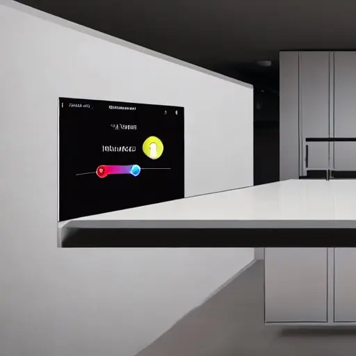 AI-powered smart assistant hovering over a modern kitchen countertop, projecting a holographic recipe interface with floating ingredients, step‑by‑step instructions, and nutritional data, surrounded by minimalist brushed‑steel appliances and warm …