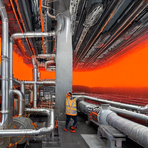 An ultra‑realistic interior of a modern geothermal power plant, showcasing a vast array of heat exchangers and piping systems glowing with molten orange light. In the foreground, a technician in a reflective safety vest monitors a digital tablet d…