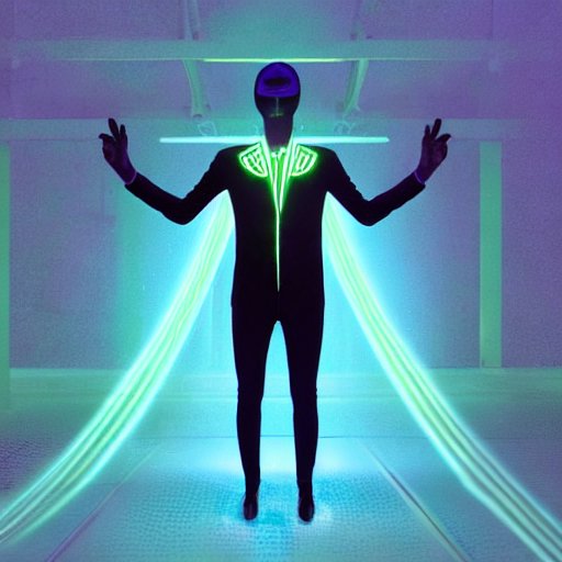 Person wearing a full‑body haptic suit immersed in a virtual environment, neon blue and magenta waves pulsing across the mesh, illustrating immersive interfaces for training and remote collaboration.