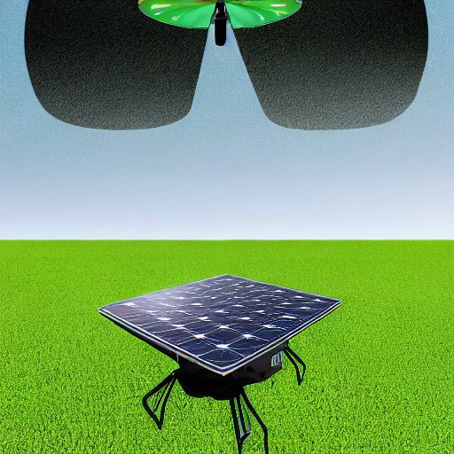 Solar-powered delivery drone glides over lush green forest canopy, its carbon‑fiber frame and patterned solar panels gleaming in sunlight, carrying a translucent package that reflects foliage, illustrating sustainable, energy‑harvesting technology…