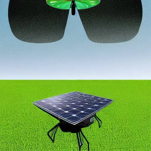 Solar-powered delivery drone glides over lush green forest canopy, its carbon‑fiber frame and patterned solar panels gleaming in sunlight, carrying a translucent package that reflects foliage, illustrating sustainable, energy‑harvesting technology…