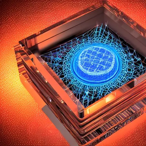 Transparent quantum processor module with swirling blue qubits, intricate copper circuitry, and micro‑scale components visible through crystal housing, illustrating quantum computing and secure quantum key distribution technology.