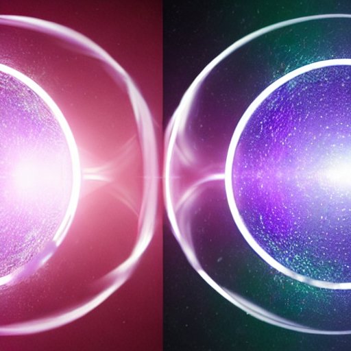 two entangled photons represented as twin spheres of iridescent violet light, connected by a shimmering, translucent ribbon of energy that pulses in sync, the spheres floating against a deep black backdrop, subtle ripples radiating outward from th…