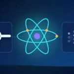 Illustration with an atom model, a magnifying glass and a neural network