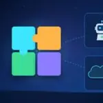 Illustration with puzzle pieces, an AI robot and a cloud