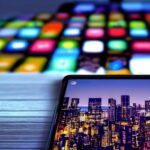 A close-up of the Samsung Galaxy S26 Ultra’s screen displaying an AI-powered interface with real-time language translation and smart scheduling features. Cinematic lighting highlights the vibrant colors and sharp details, set against a blurred cit…