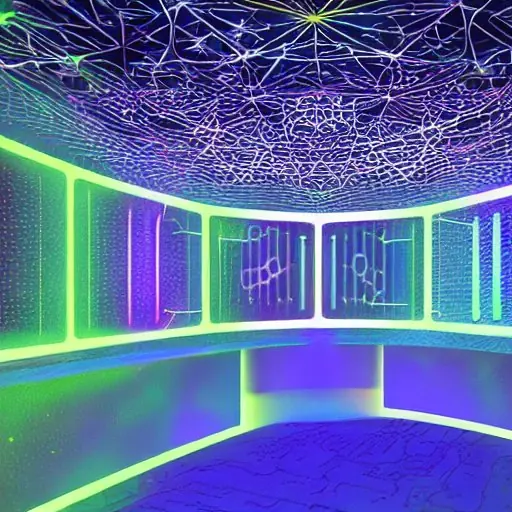 A high-tech control room with glowing holographic interfaces displaying real-time function calls. Interconnected servers and AI models are visible in the background, illuminated by dramatic lighting that highlights the flow of data between systems.