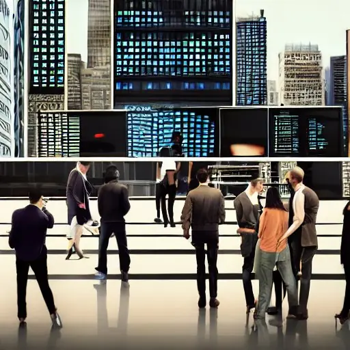 A wide shot of diverse individuals using Samsung Galaxy S26 devices in business meetings, photography sessions, and casual settings within a modern urban environment. Cinematic lighting highlights softly glowing screens, emphasizing the S26 series…