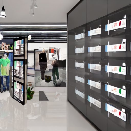 Modern retail store interior with AI‑enabled smart shelves displaying dynamic pricing and product recommendations, a glass wall revealing a cloud server cluster, and data streams flowing between the store and the cloud, illustrating edge AI and cl…