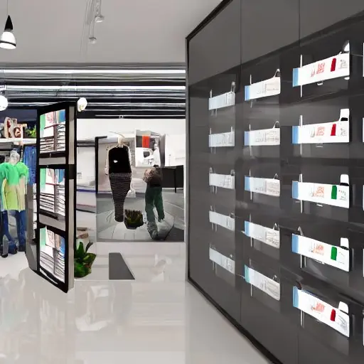 Modern retail store interior with AI‑enabled smart shelves displaying dynamic pricing and product recommendations, a glass wall revealing a cloud server cluster, and data streams flowing between the store and the cloud, illustrating edge AI and cl…