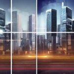 Split-screen illustration: left side shows a bustling city skyline with cloud servers hovering above skyscrapers, right side displays a network of IoT devices and edge nodes integrated into street furniture, highlighting the contrast between cloud…