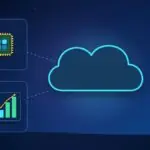 Illustration with a cloud, a processor chip and a rising chart
