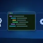 Illustration with a terminal window, an AI robot and gears
