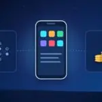 Illustration with a smartphone, a neural network and stacks of coins