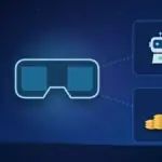 Illustration with smart glasses, an AI robot and stacks of coins