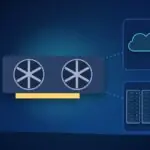 Illustration with a graphics card, a cloud and data center server racks