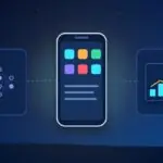 Illustration with a smartphone, a neural network and a rising chart