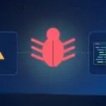 Illustration with a malware bug, a warning sign and a code editor