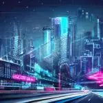 A cinematic night view of a futuristic city with flying vehicles and glowing holographic ads, symbolizing AI integration and a connected, high-tech urban future.
