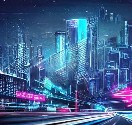 A cinematic night view of a futuristic city with flying vehicles and glowing holographic ads, symbolizing AI integration and a connected, high-tech urban future.