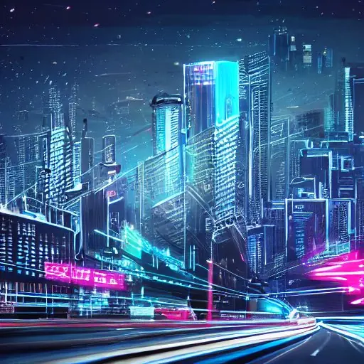 A cinematic night view of a futuristic city with flying vehicles and glowing holographic ads, symbolizing AI integration and a connected, high-tech urban future.