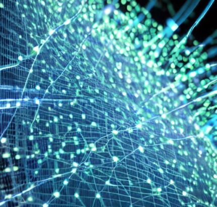 A cinematic scene depicts a translucent holographic shield protecting a server rack from red data packets symbolizing AI-driven cyberattacks, illustrating the evolving threat landscape.