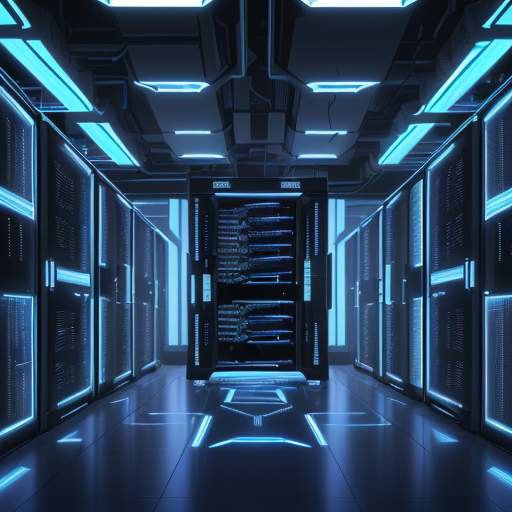 A cinematic view of a futuristic server rack glowing with blue light, packed with high-performance Rubin chips processing data against a dusky city skyline.