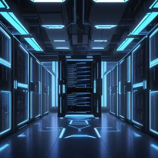 A cinematic view of a futuristic server rack glowing with blue light, representing a rack-scale Vera Rubin NVL72 system processing data against a dusky city skyline.
