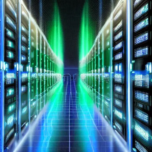 A cinematic view of a modern server room with rows of racks emitting blue and green LED lights, symbolizing the intersection of AI and national defense in a high-security data center.