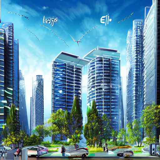 A cinematic view of a sprawling smart city powered by clean energy, featuring vertical gardens on skyscrapers and silent electric vehicles under a bright blue sky, symbolizing the future of sustainable technology.