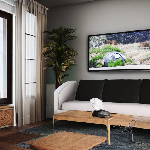 A cozy living room showcasing smart home technology, including a central hub, automated lighting, and a robotic vacuum, illustrating the blend of comfort and modern convenience.