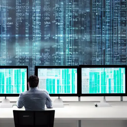 A cybersecurity analyst works late in a dim office, surrounded by monitors showing code and network graphs, reflecting intense focus on defending against evolving digital threats.