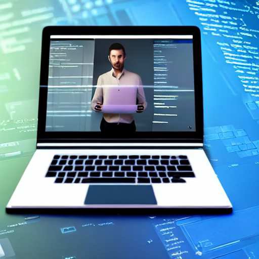 A developer focuses on a laptop as an AI hologram projects code suggestions, illustrating the balance between human expertise and artificial intelligence in modern software development workflows.