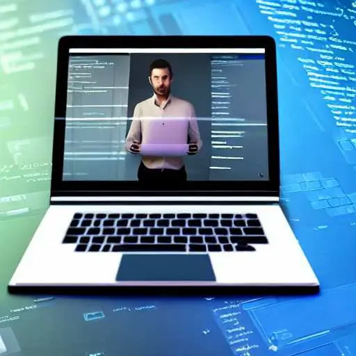 A developer focuses on a laptop as an AI hologram projects code suggestions, illustrating the balance between human expertise and artificial intelligence in modern software development workflows.