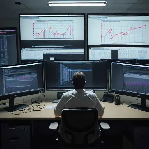 A developer works late at a dimly lit desk, illuminated by multiple monitors displaying performance metrics and code graphs, symbolizing innovation and productivity in Nvidia's new ecosystem.